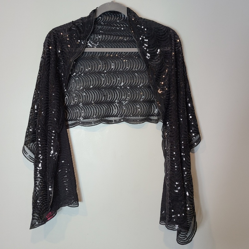 BETSEY JOHNSON Shawl Scarf Wrap Scallop Edge Black Sheer Sparkly Sequins Hoco